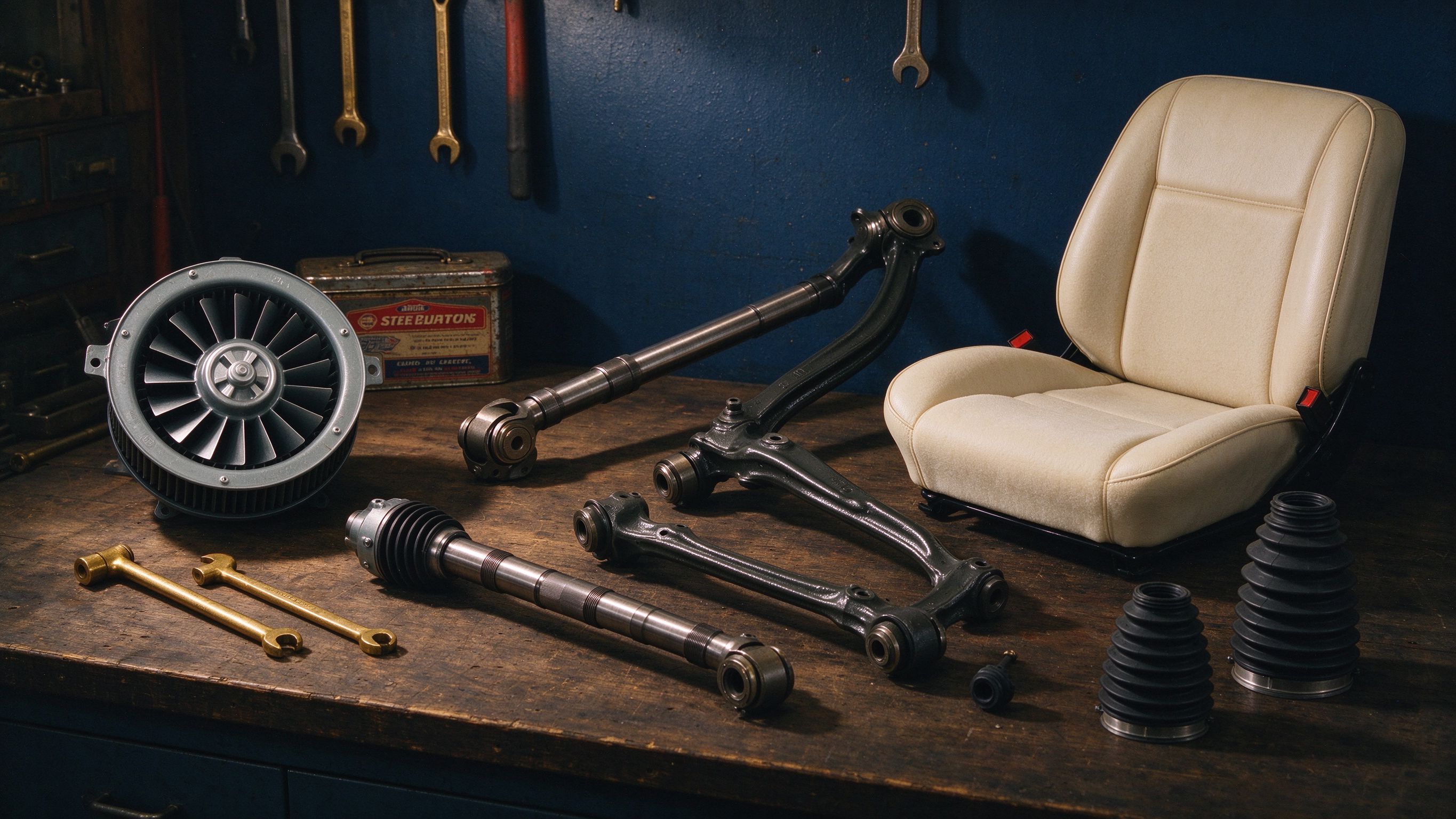 Vintage American workshop display of YIAMEI auto parts